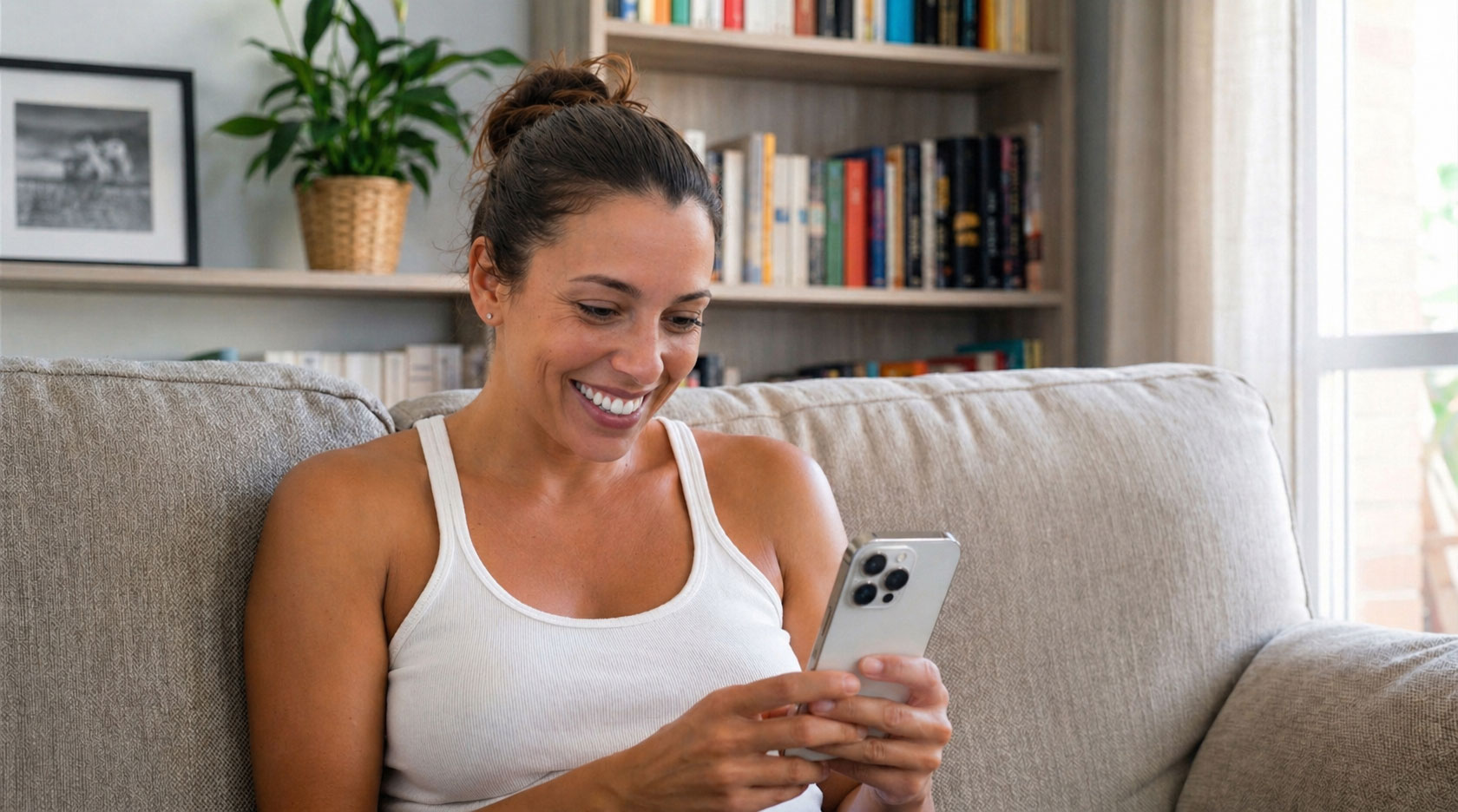 Patient assis sur un canapé avec un smartphone tout en envisageant des options de simulation 3D dans l’application patient Crisalix.